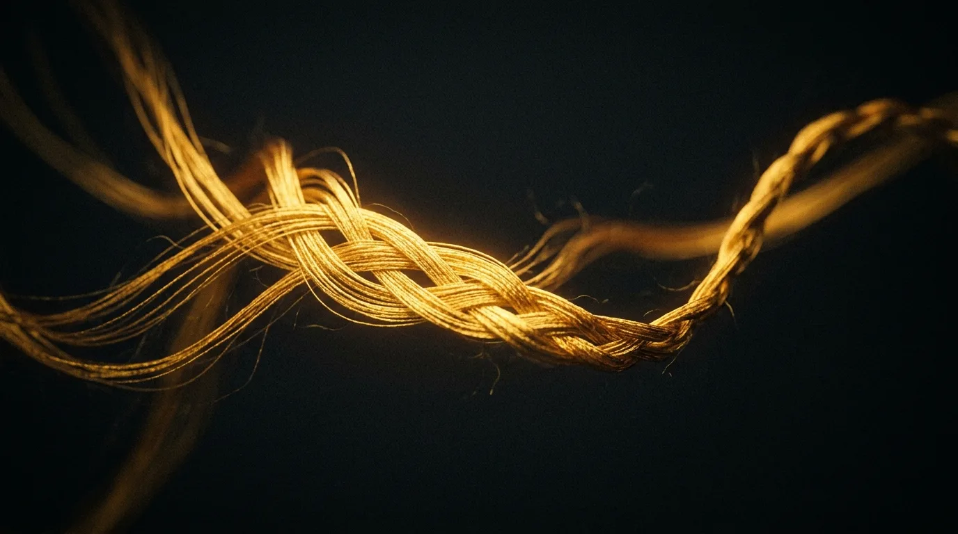 A single luminous gold thread of light braided together against deep black, suggesting careful craft