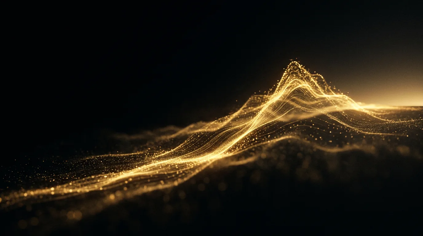 An ascending ridge of glowing gold particles rising from darkness toward a brighter horizon
