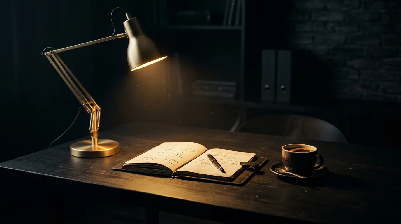 A dark minimalist desk at night lit by a single warm gold lamp, with an open notebook and coffee