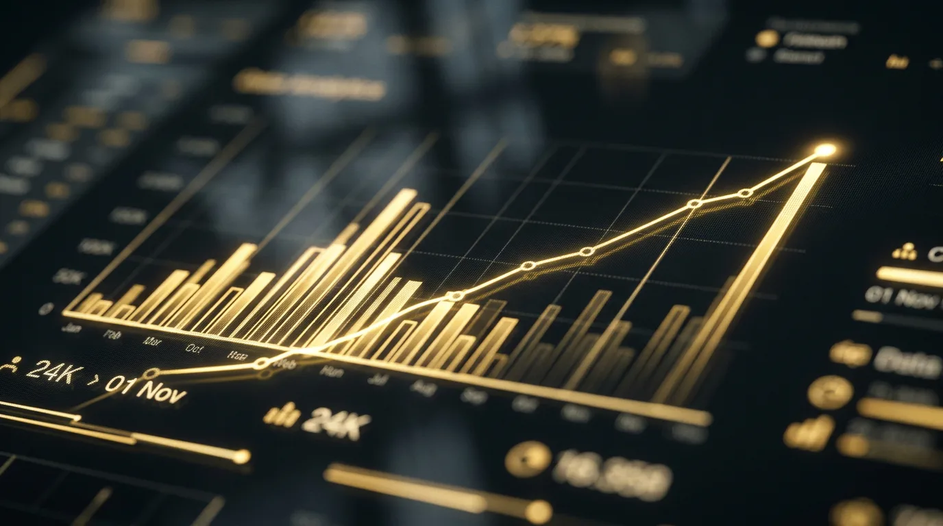 Golden bar charts and a rising line graph on a dark analytics screen