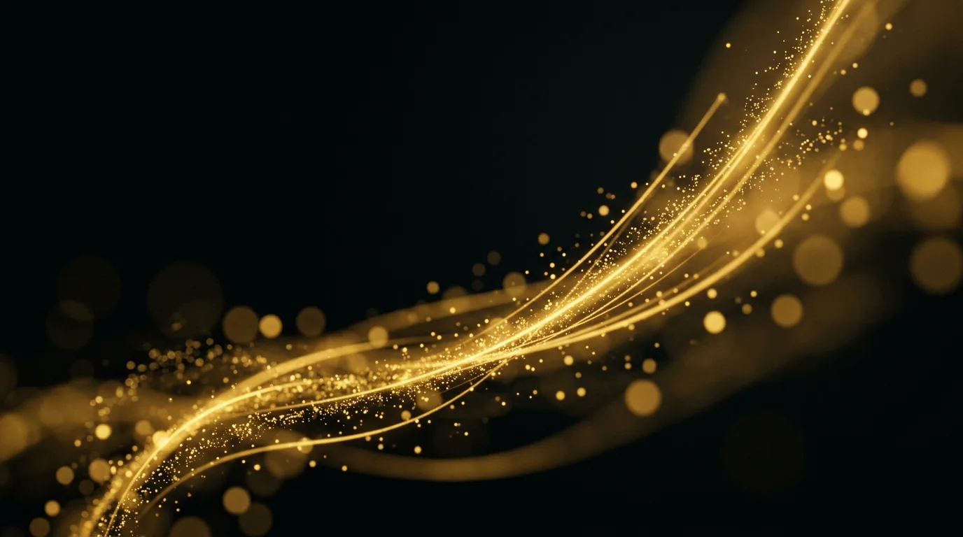 Abstract gold light streaks and particles rising from lower-left to upper-right on a black background, representing compounding SEO growth