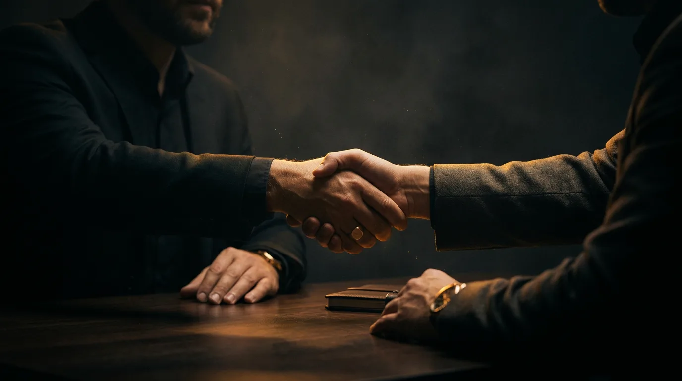 Two professionals shaking hands across a dark table lit by warm gold light, representing a long-term SEO partnership