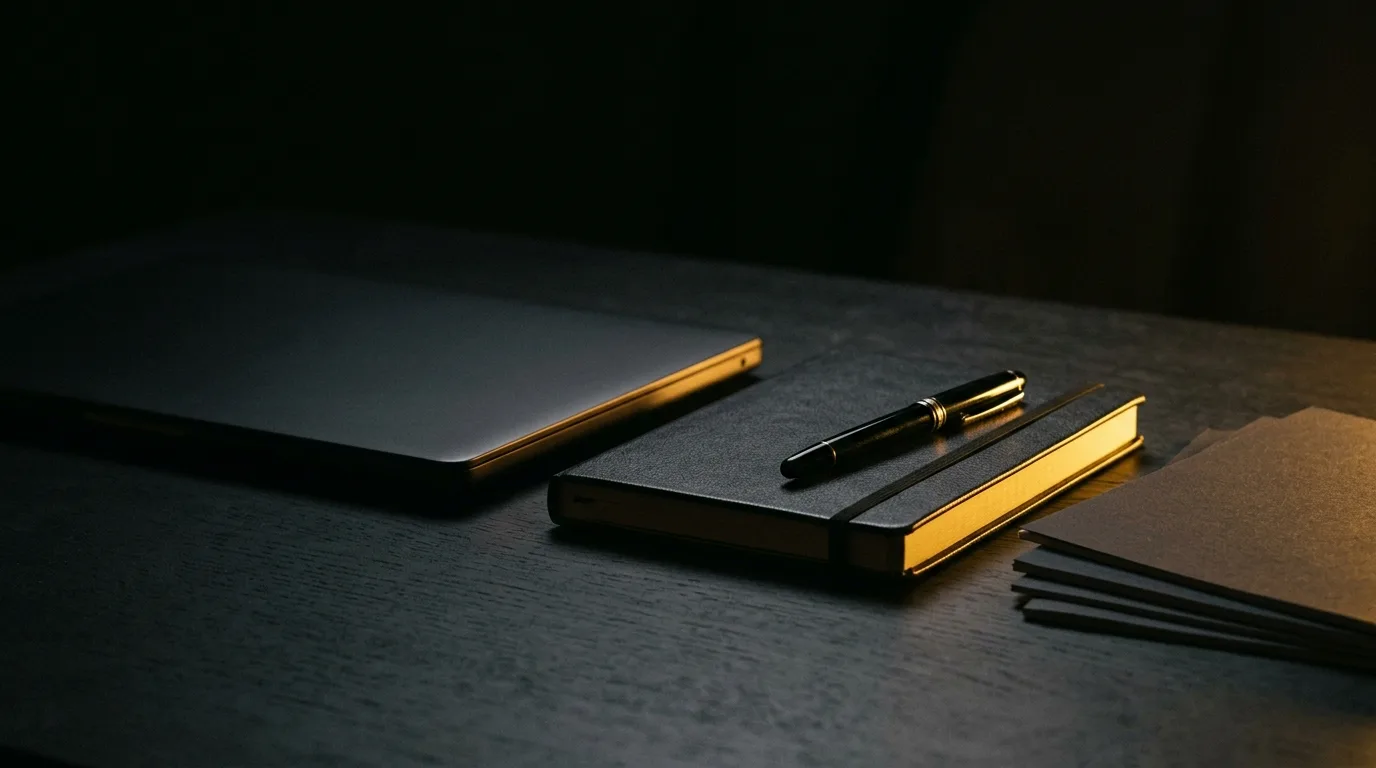 Dark strategy desk with a gold-edged notebook, fountain pen, and laptop under warm gold light, representing a scoped SEO plan