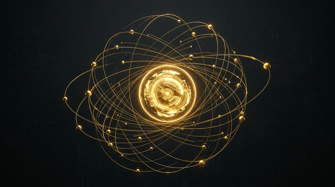 A central glowing gold node cited by many orbiting nodes against deep black