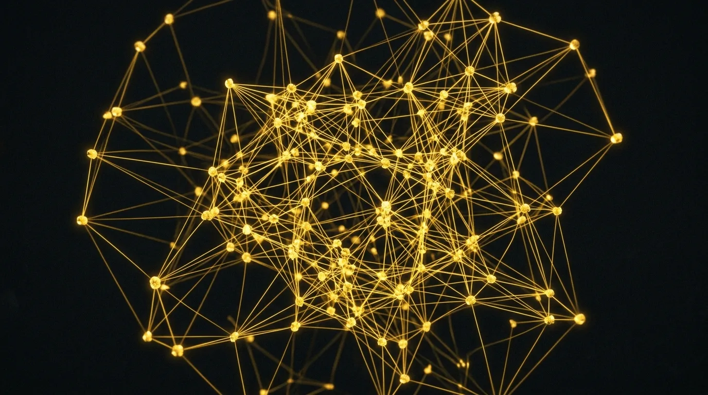 A knowledge graph of linked golden entity points on black with glowing connections