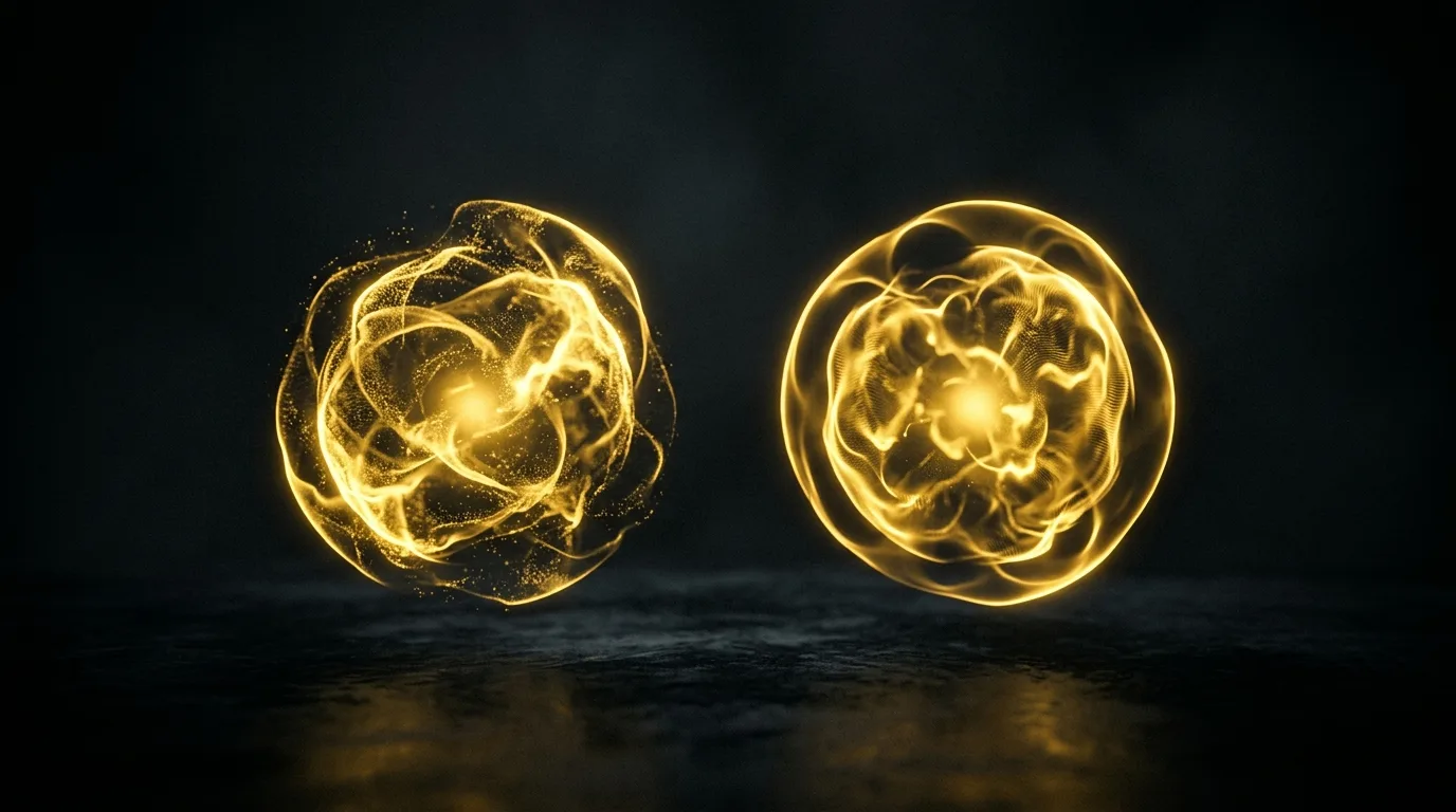 Two abstract glowing gold energy cores side by side in darkness