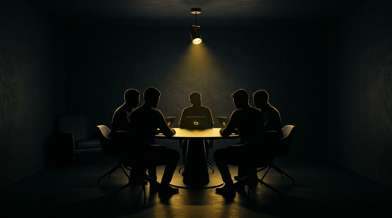 Silhouettes of a buying committee seated around a glowing table under a single gold light