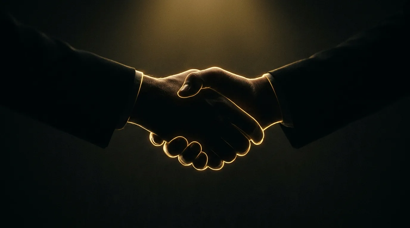 Two silhouetted hands meeting in a handshake under warm gold light in a dark boardroom