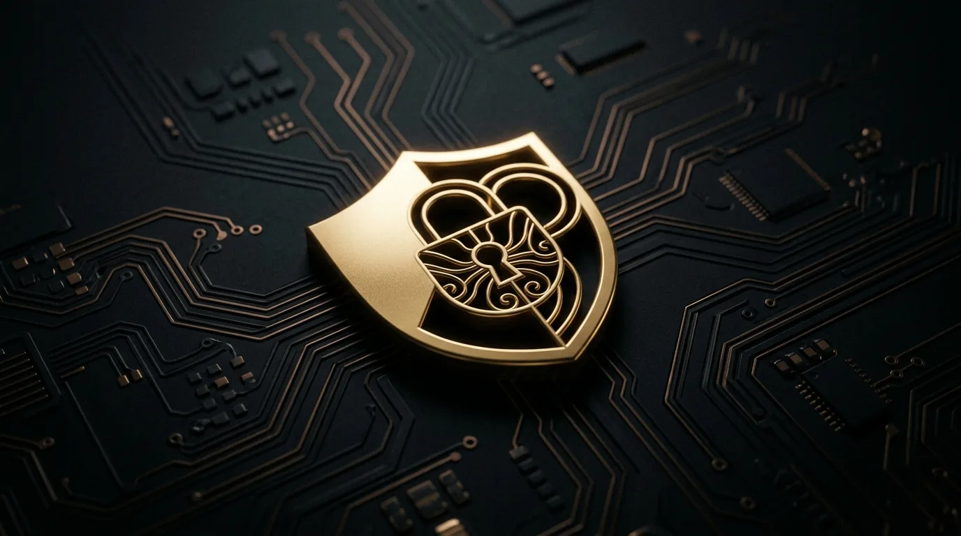 An abstract gold shield and lock motif resting on dark circuitry