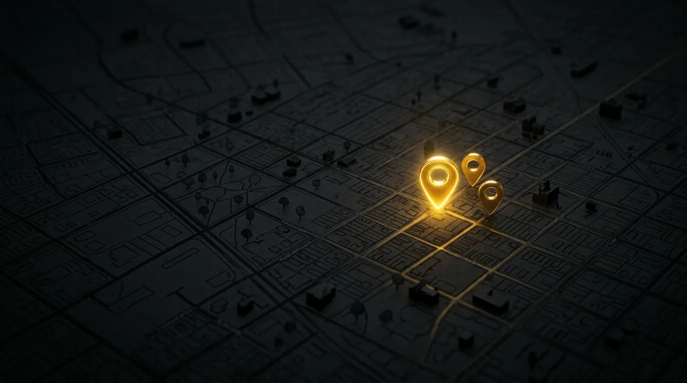 A dark neighborhood map with one gold location pin glowing among a cluster of three