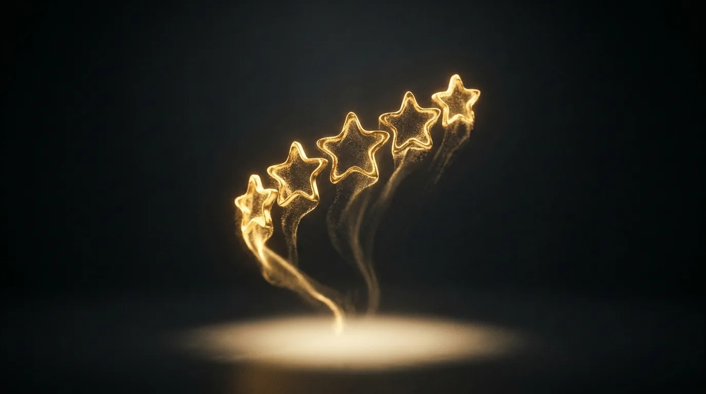 A rising motif of five glowing gold stars over a dark background