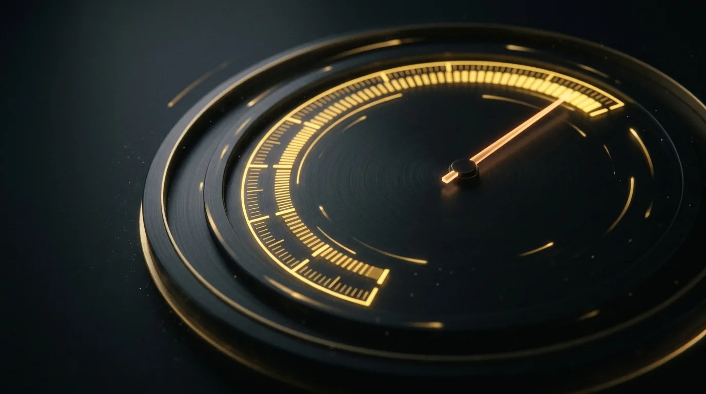 Abstract glowing golden gauge arc suggesting high uptime against a dark background