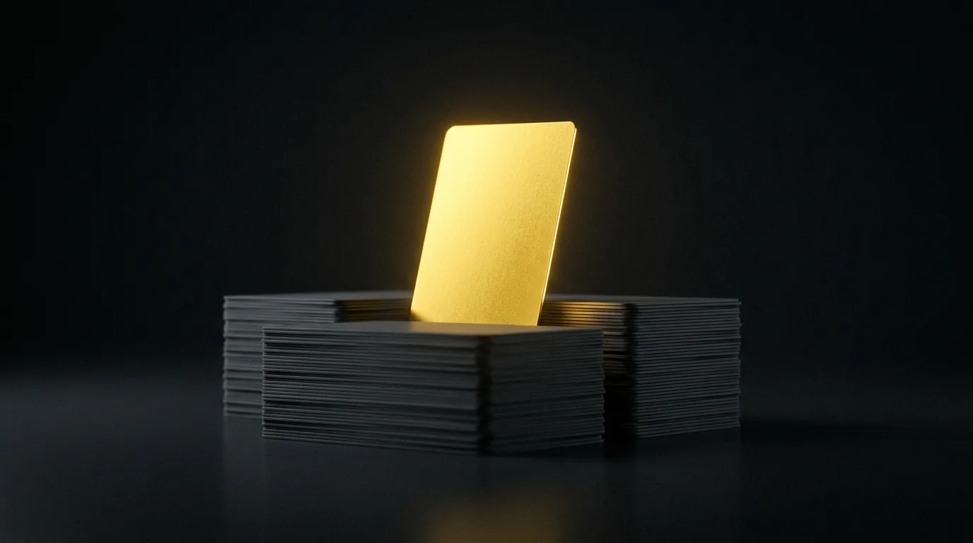 One bright gold card rising above a stack of dim gray cards, a real host above affiliate roundups