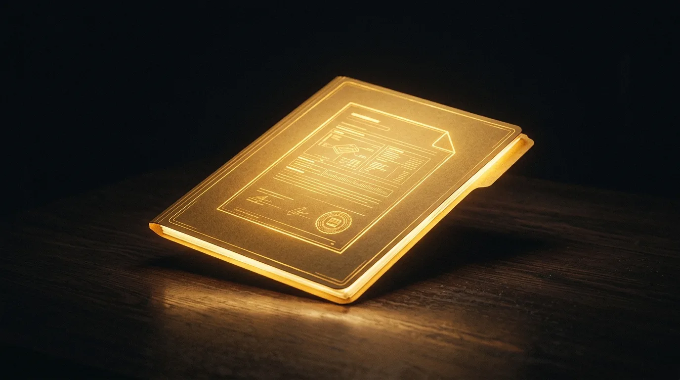 A single gold legal document glowing on a dark desk under warm rim light