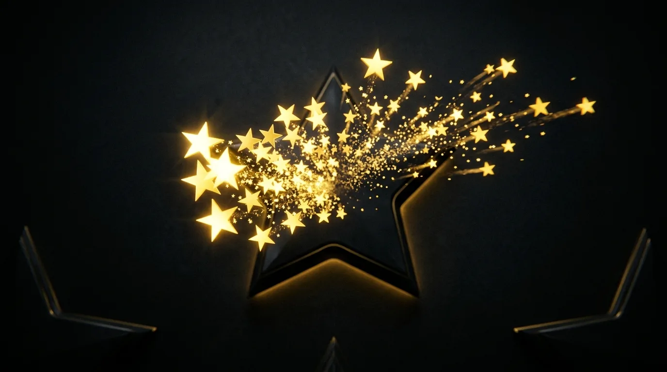 A burst of gold five-pointed stars over a dark background, a premium review motif