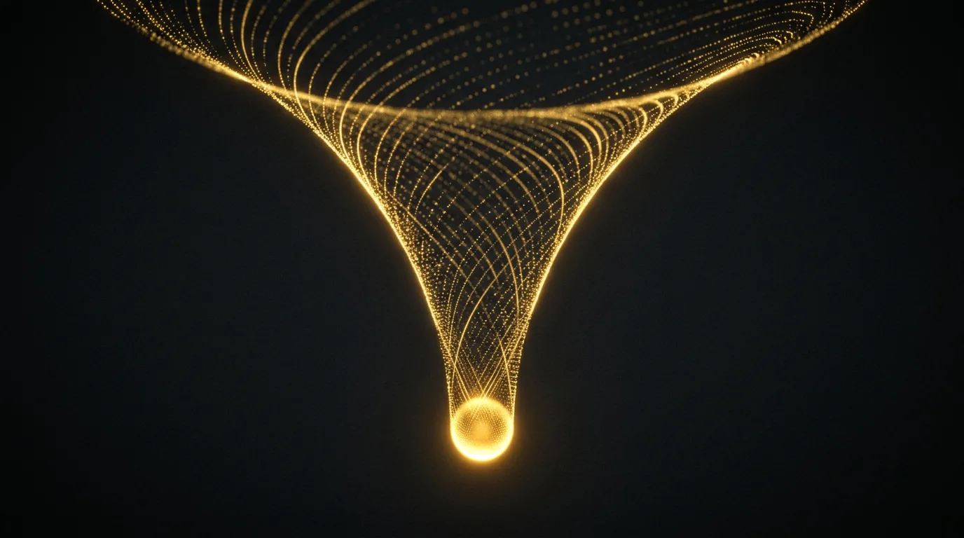 Abstract golden funnel of light narrowing down to a single bright signup node