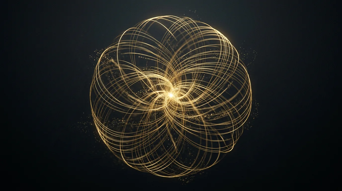 Abstract sphere of fine gold light filaments converging toward a bright core on near-black, representing the signals an AI engine gathers before citing a brand