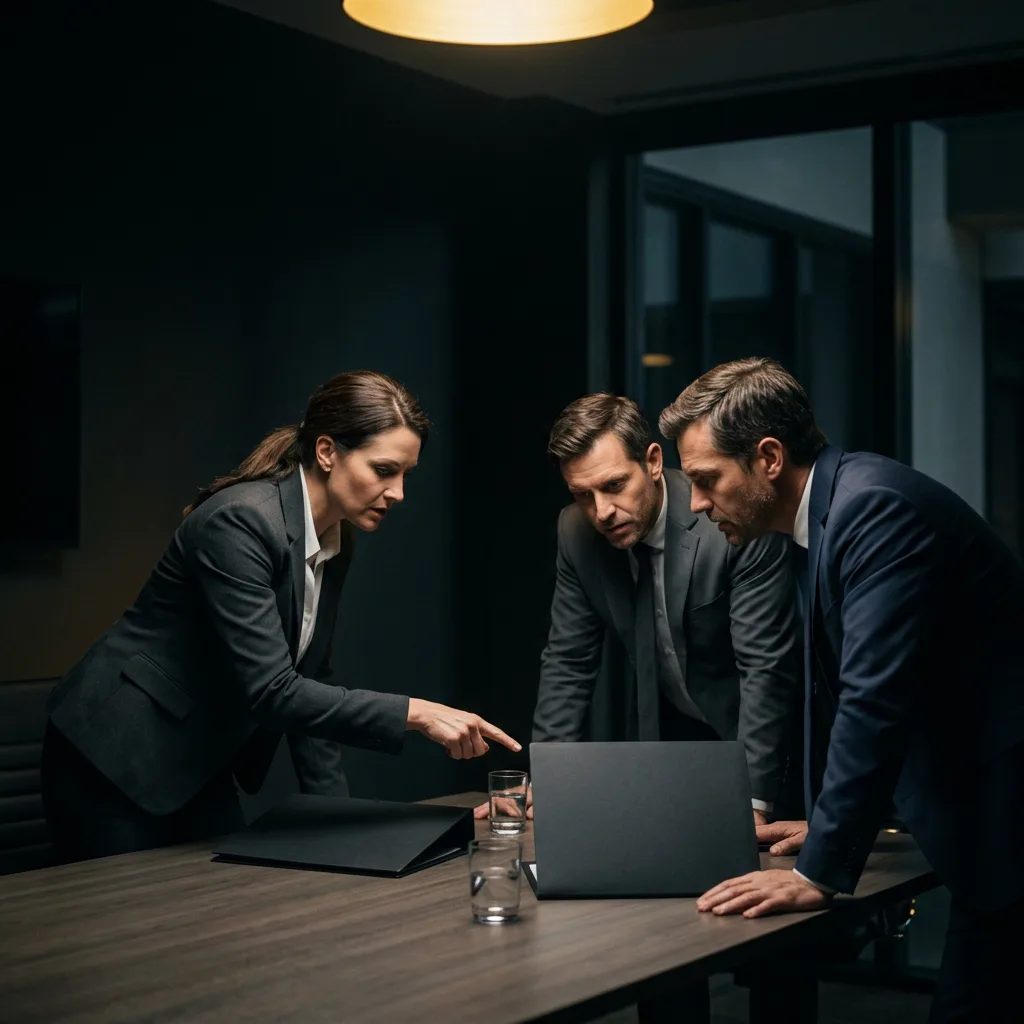 A buying committee comparing shortlisted vendors in a dark boardroom
