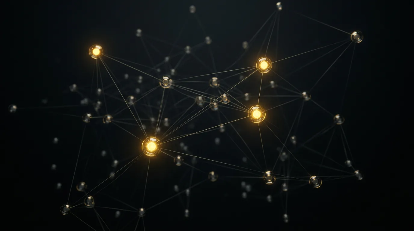 Abstract network of decision-maker nodes with a few bright gold points among many dim ones