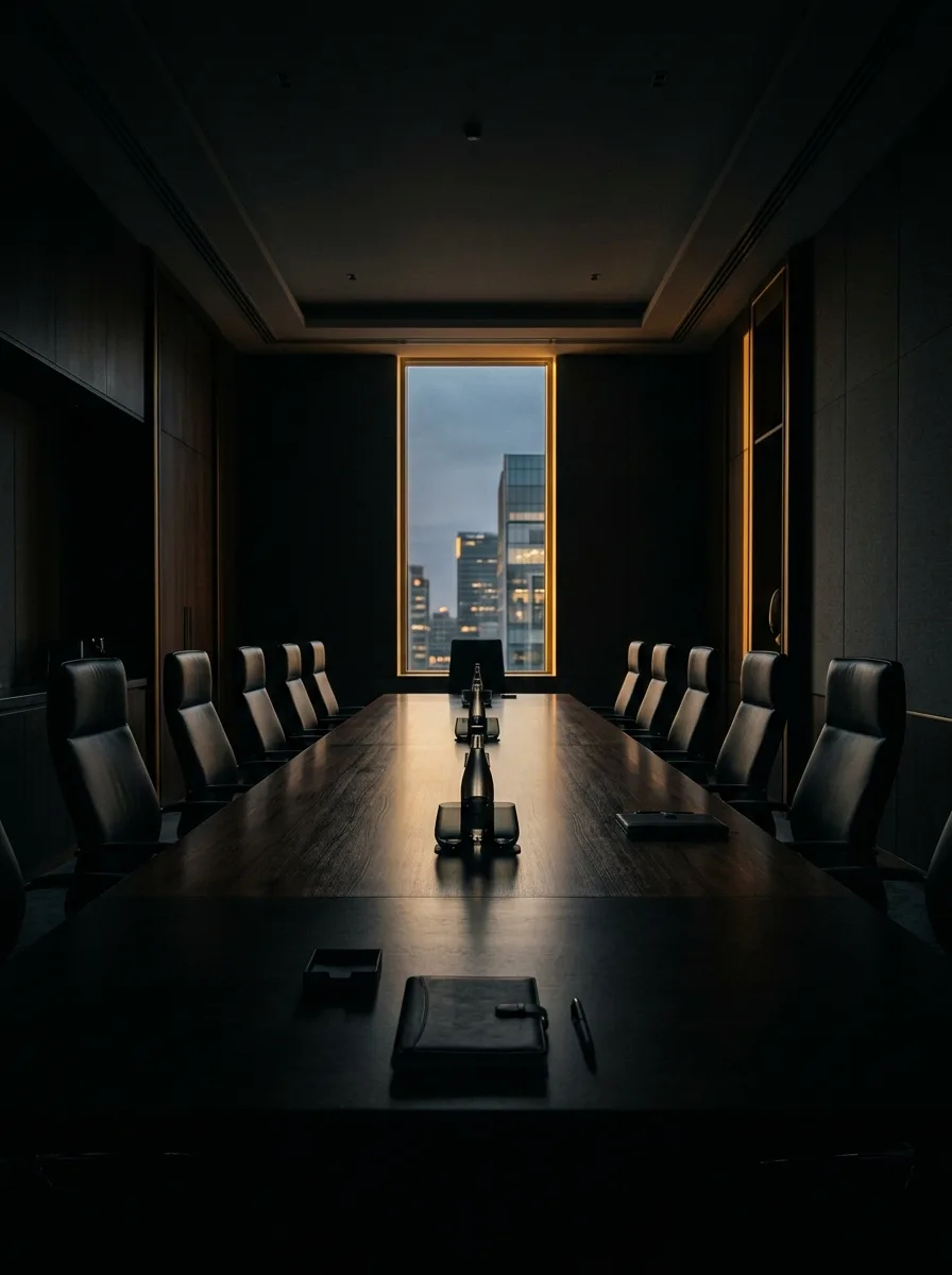 Empty dim enterprise boardroom at dusk with warm gold window light