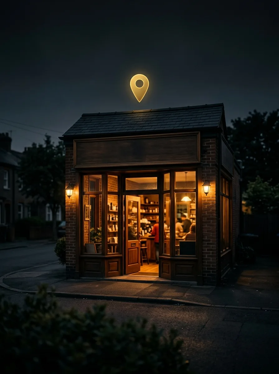 A glowing local storefront at dusk with a gold map pin floating above it