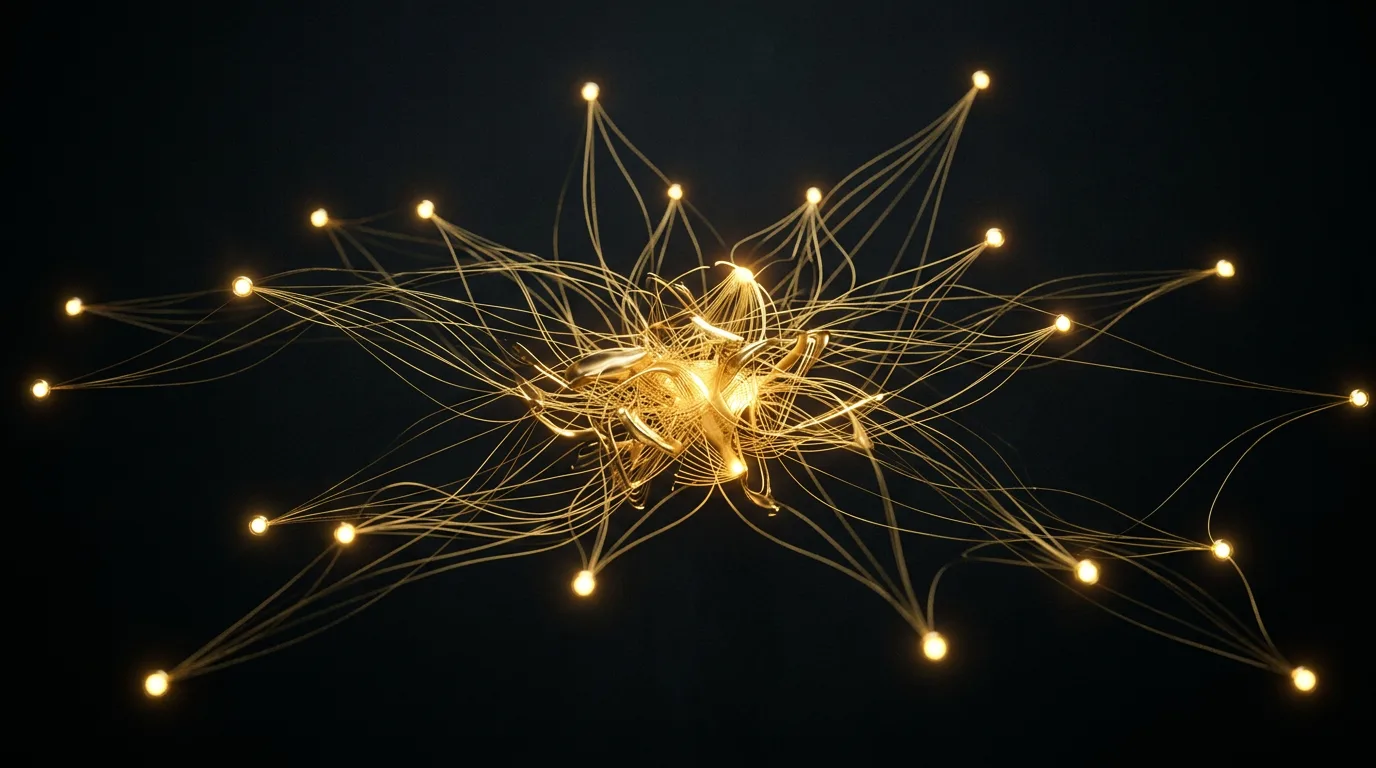 A web of glowing gold brand-mention nodes connected by fine gold filaments flowing toward a central editorial cluster