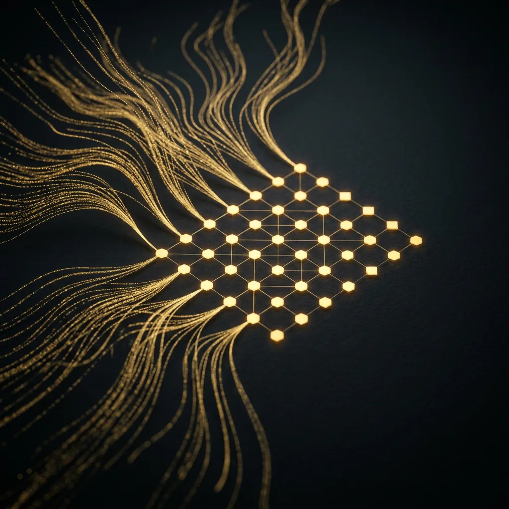 Streams of gold data particles converging into a structured grid of glowing nodes, the search data behind the keyword map