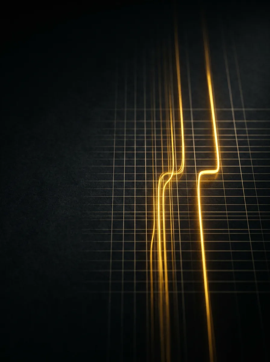 Gold light traces rising along a structured grid, before-and-after marks glowing where a page moved up the rankings