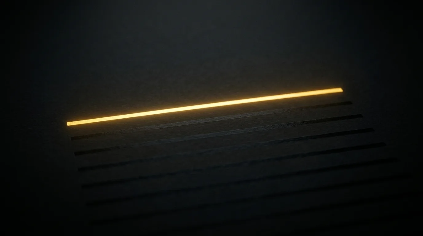 One luminous gold line of ink glowing brighter than a stack of faint lines beneath it, a single result winning the click