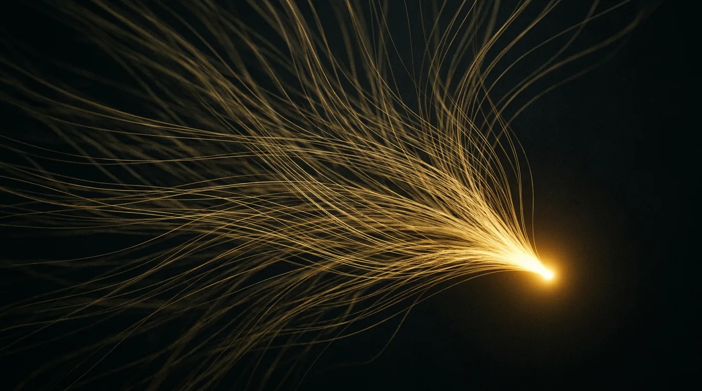 Many faint gold discussion strands converging toward one bright point on a dark background, representing scattered Reddit research pulled into a single clear opportunity map