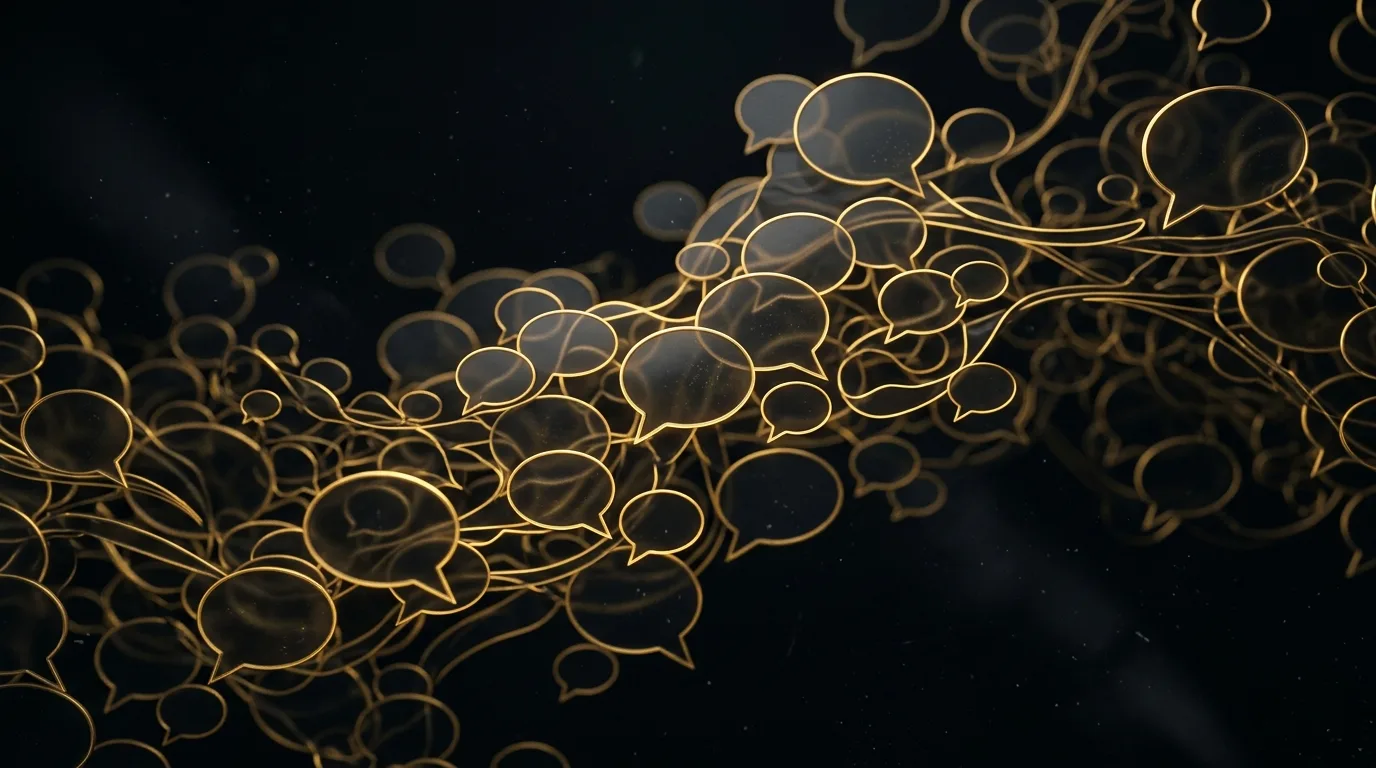 Abstract overlapping translucent speech bubbles and conversation threads with glowing gold edges on a dark background, representing layered Reddit community discussion and buyer research